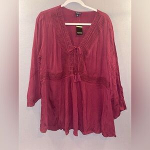 Torrid Rich Burgundy Blouse bell sleeves 2X NWT boho retro hippie plus fashion